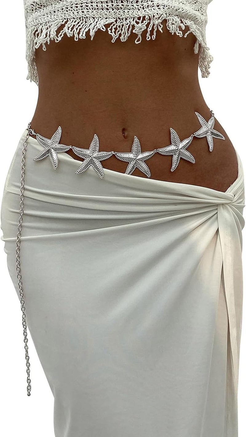 WFik Gold Big Starfish Waist Chain Belt Bikini Body Chains Jewelry Summer Beach Boho Silver Starfish Waist Belly Chain Adjustable Metal Link Belly Belt for Women - Image 1